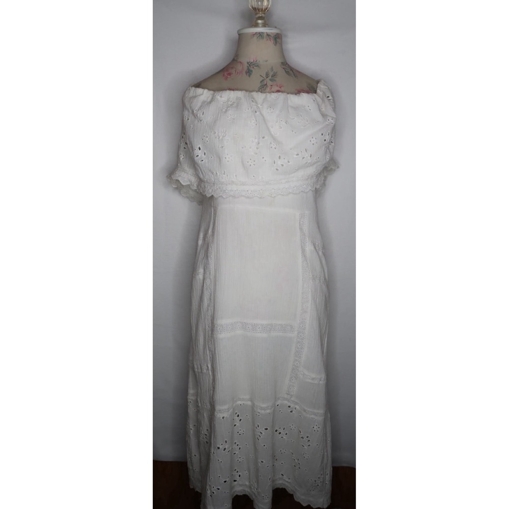 Free People White Eyelet Off Shoulder Midi Dress Cottagecore Boho Womens Large L